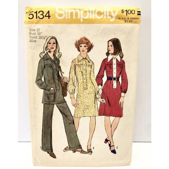 Vintage 1970s Simplicity 5134 Sewing Pattern Size S 12 Dress Tunic Pant COMPLETE - Picture 1 of 3